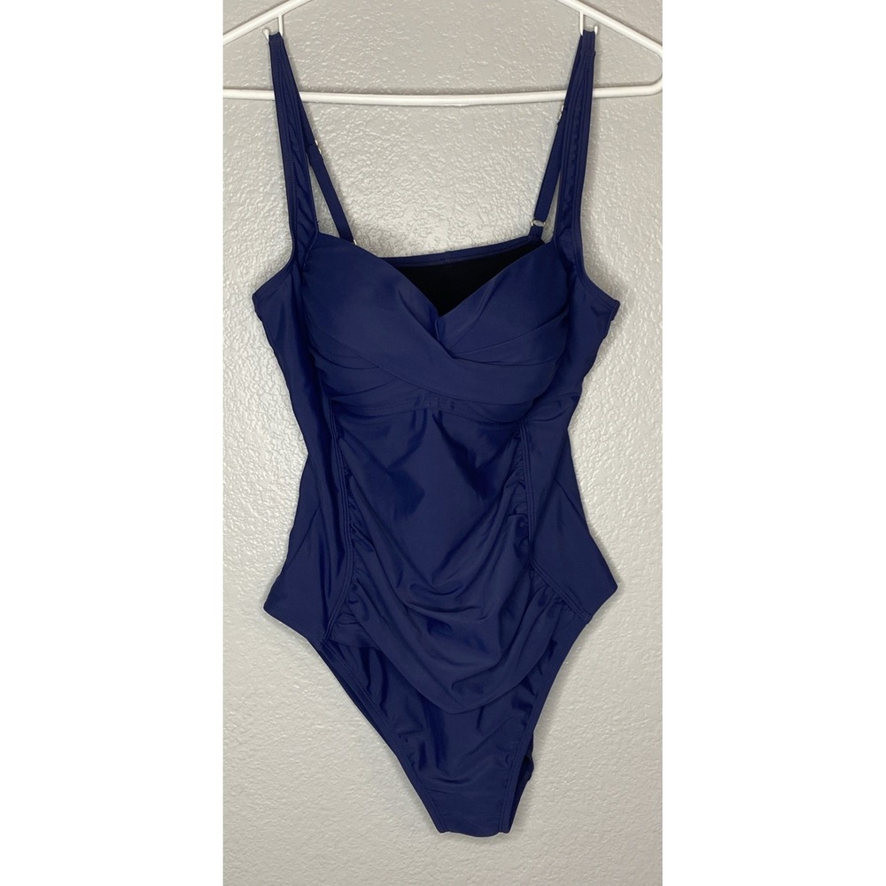 Liz Claiborne Women's Navy Blue Ruched Twist Front One Piece Swimsuit Size 10‎
